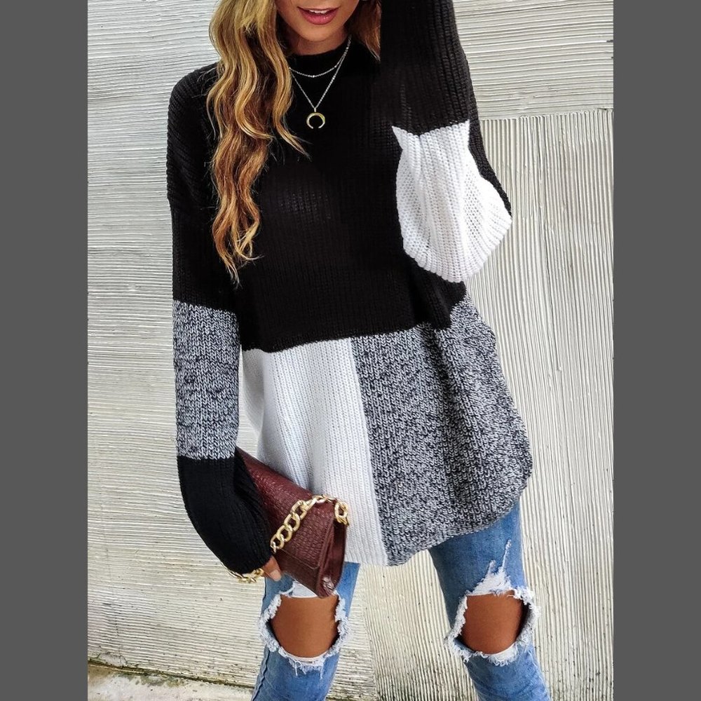 Long Sleeve Colorblock Knit Pullover Sweater Black, Gray, White - Picture 9 of 12